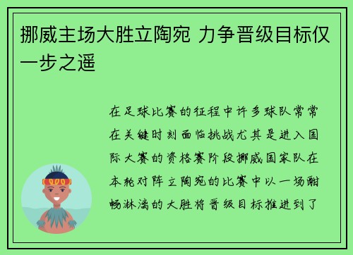 挪威主场大胜立陶宛 力争晋级目标仅一步之遥