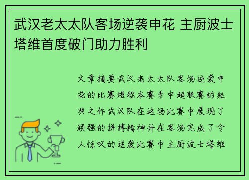 武汉老太太队客场逆袭申花 主厨波士塔维首度破门助力胜利