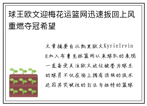 球王欧文迎梅花运篮网迅速扳回上风重燃夺冠希望