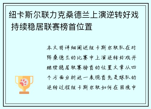 纽卡斯尔联力克桑德兰上演逆转好戏 持续稳居联赛榜首位置