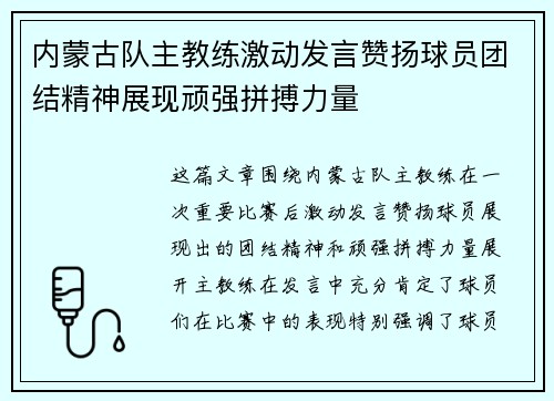 内蒙古队主教练激动发言赞扬球员团结精神展现顽强拼搏力量