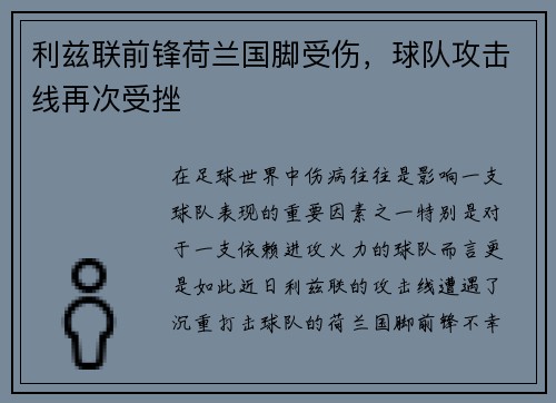 利兹联前锋荷兰国脚受伤，球队攻击线再次受挫