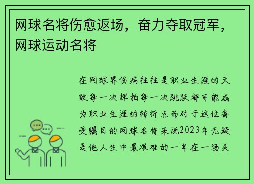 网球名将伤愈返场，奋力夺取冠军，网球运动名将