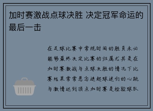 加时赛激战点球决胜 决定冠军命运的最后一击